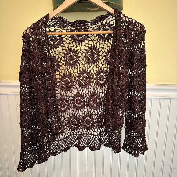 Crochet Open Knit Cardigan Sweater With Sunburst Pattern In Brown Metallic Threa - Picture 1 of 5